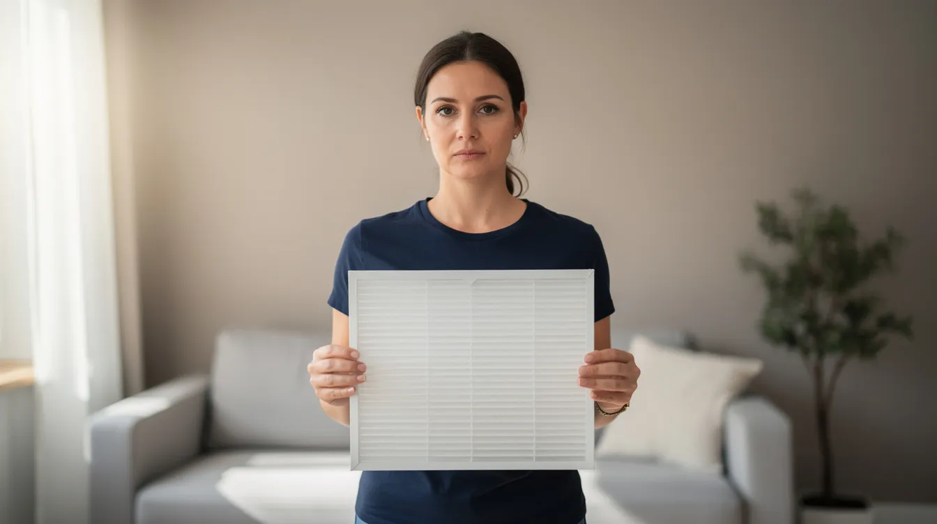 A woman in a navy shirt stands in a room, holding an air filter, which is essential for maintaining the efficiency of HVAC systems like Trane air conditioners. The image highlights her focus on home comfort and energy efficiency while managing indoor air quality.