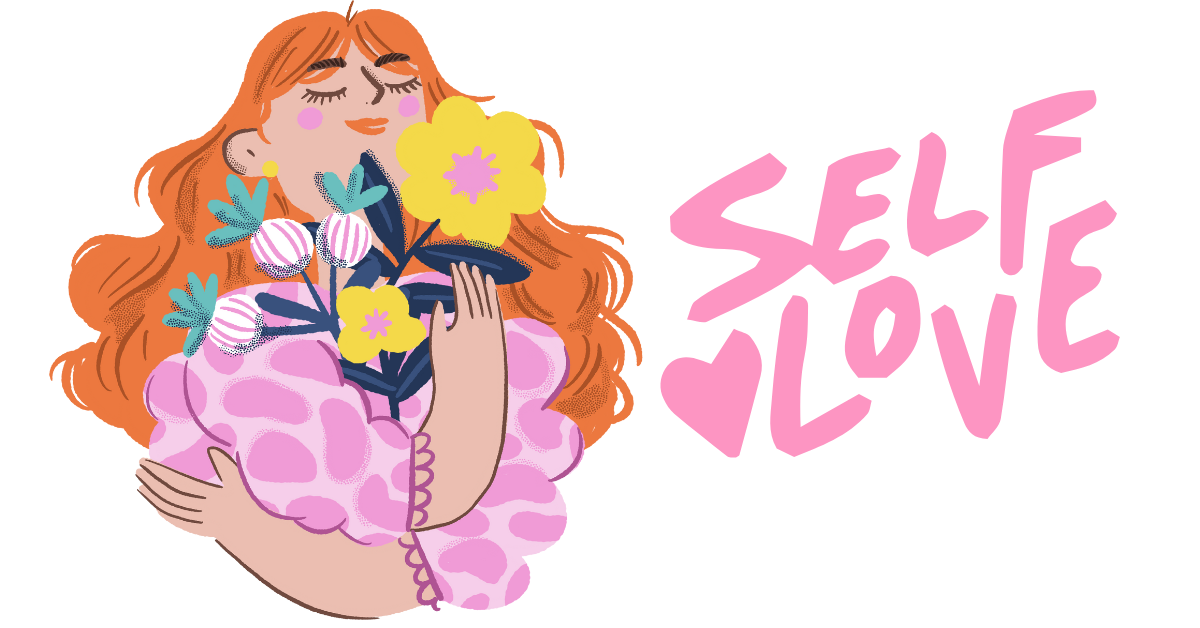 woman surround in flowers hugging herself with self love sign