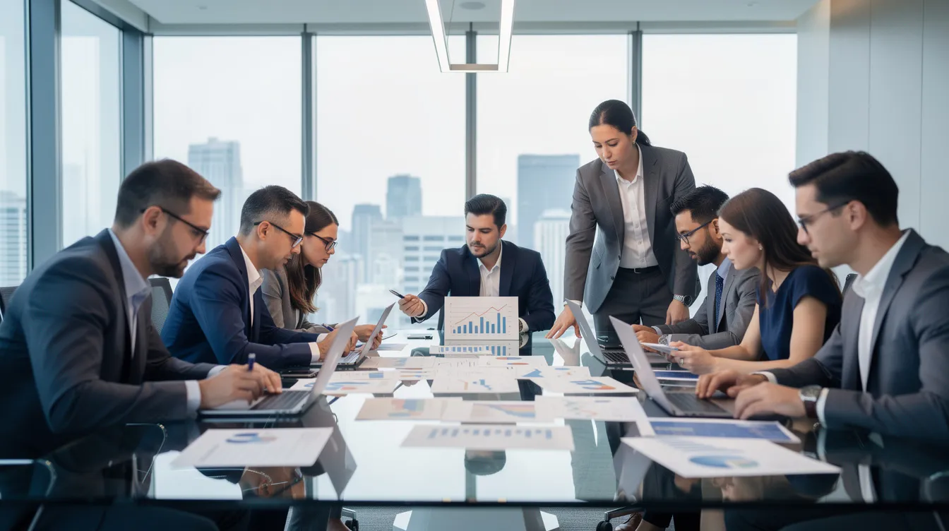 A group of business professionals is gathered around a conference table, intensely reviewing documents and financial charts, likely discussing strategies for raising capital and finding investors for early-stage startups in India. Their collaborative effort reflects the importance of a solid business plan and the need to approach the right investors, such as venture capitalists and angel investors, to support their entrepreneurial journey.