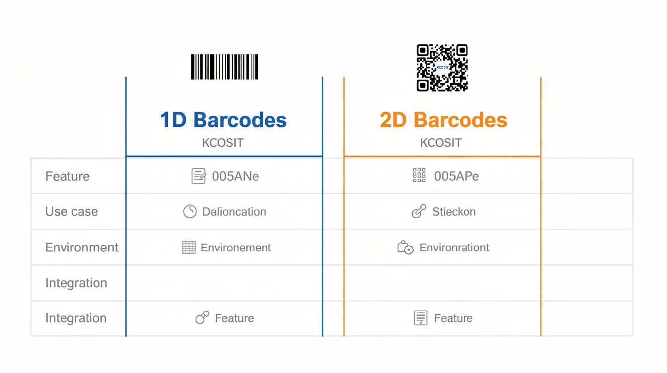 1D vs 2D Barcodes: Technical Comparison··The image features a clean B2B industrial comparison matrix chart, highlighting the differences between "1D Barcodes" and "2D Barcodes." The design includes vector icons representing a linear 1D barcode and a square QR/Data Matrix 2D barcode, set against a white background with KCOSIT blue and orange accents, effectively illustrating key aspects like data capacity and encoding methods.