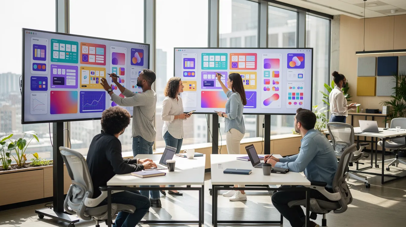 La imagen muestra una oficina moderna de planta abierta en la que los miembros del equipo colaboran frente a grandes pantallas digitales que muestran elementos de diseño a todo color, haciendo hincapié en la identidad y la coherencia de la marca. Este entorno dinámico fomenta la creatividad y la comunicación entre los equipos creativos, garantizando que todos estén en sintonía con las directrices de la marca y los elementos visuales.