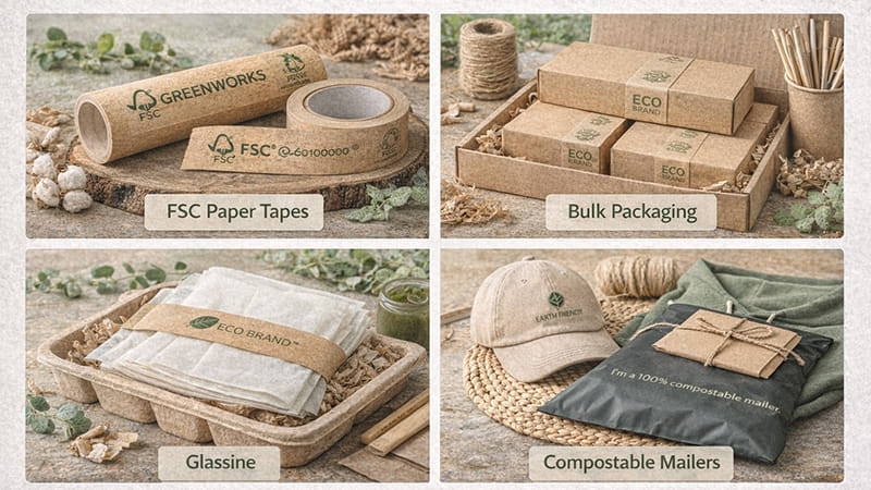 Sustainable packaging options including FSC paper tape, bulk packaging, glassine wrap, and compostable mailers.