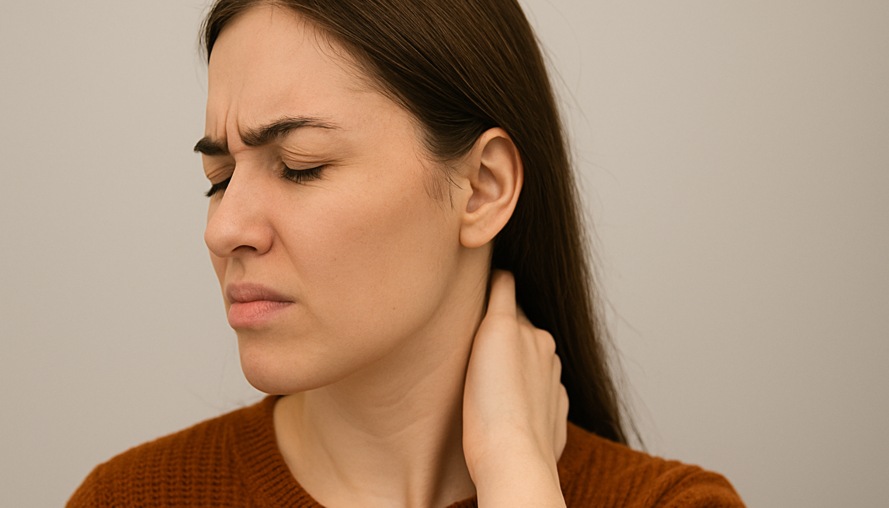 Kvinne med smertefullt uttrykk holder seg i nakken og lukker øynene, tydelig plaget av ubehag ved bevegelse. kink i nakken nakken kink gjør vondt bevege hodet bør du oppsøke nakkesmerter hodet ofte behandling smertene smerter akutt gjør hos nakke andre smerte symptomer får øvelser bevegelse lindre torticollis mer kiropraktor vondt hjelpe gjøre bør vanligvis viktig flere side eksempel tid smerten tilstanden bruk bevege går symptomene kvitt ledd tips stress unngå musklene dine plutselig spesielt tilbake stilling oppstår akutte våre oppsøke hjelp god løpet gir smertestillende bevegelser dager fleste bevegeligheten opplever bedre kommer behandlingen behandler effektive årsak låst mulig hold bevegelighet skyldes riktig mest