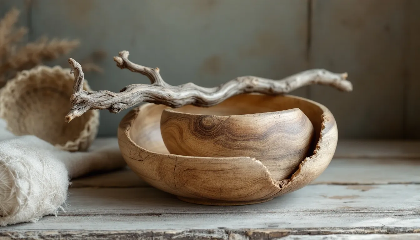 A collection of natural materials used in wabi sabi art, highlighting their textures.