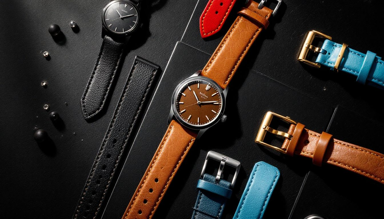 A variety of leather strap watches in different colors.