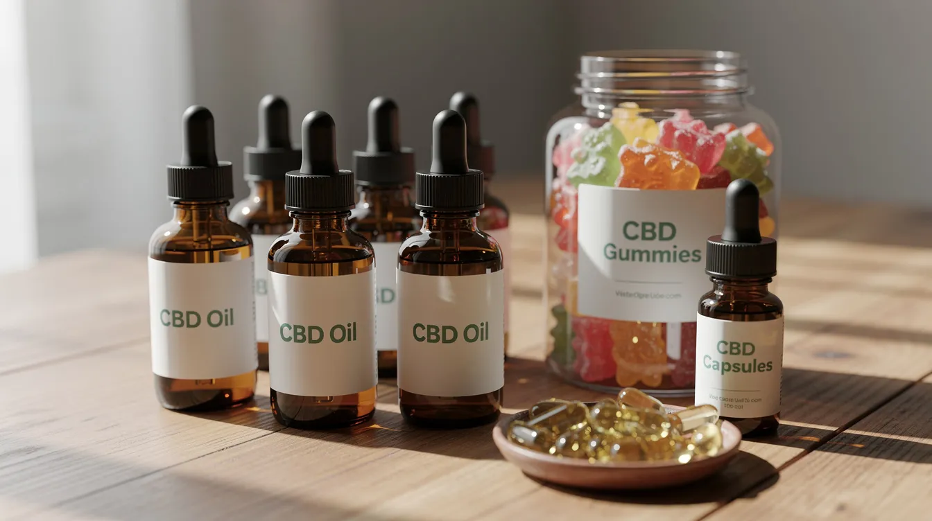 The image features several bottles of CBD products, a jar of gummies, and capsules, all neatly arranged on a wooden table, showcasing a variety of options for those exploring CBD for stress relief and anxiety disorders. This assortment highlights the importance of determining the ideal CBD dosage based on individual body chemistry and the desired effects.