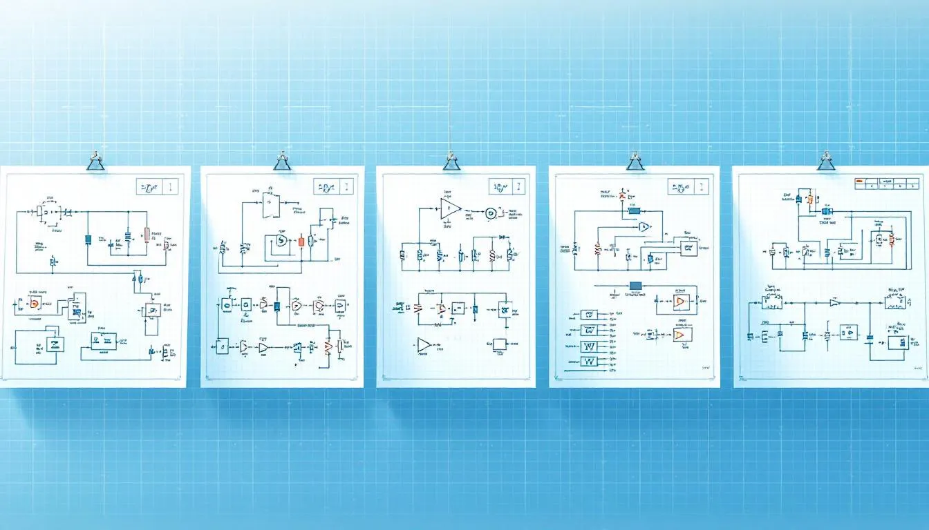 The image features a collection of circuit diagrams illustrating various power supply topologies, all presented on engineering blueprints. These diagrams represent different configurations for power conversion systems, including those used in battery energy storage systems and renewable energy sources.