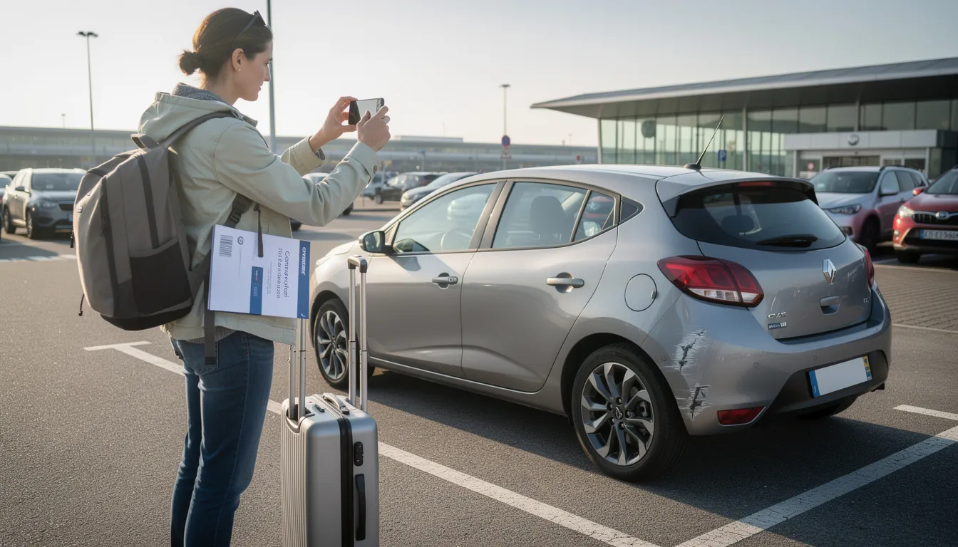 Un voyageur utilise son téléphone pour photographier l'état d'une voiture de location, vérifiant soigneusement les éventuels dommages avant le départ. Cette précaution est essentielle pour éviter des frais supplémentaires lors de la restitution du véhicule chez Europcar.