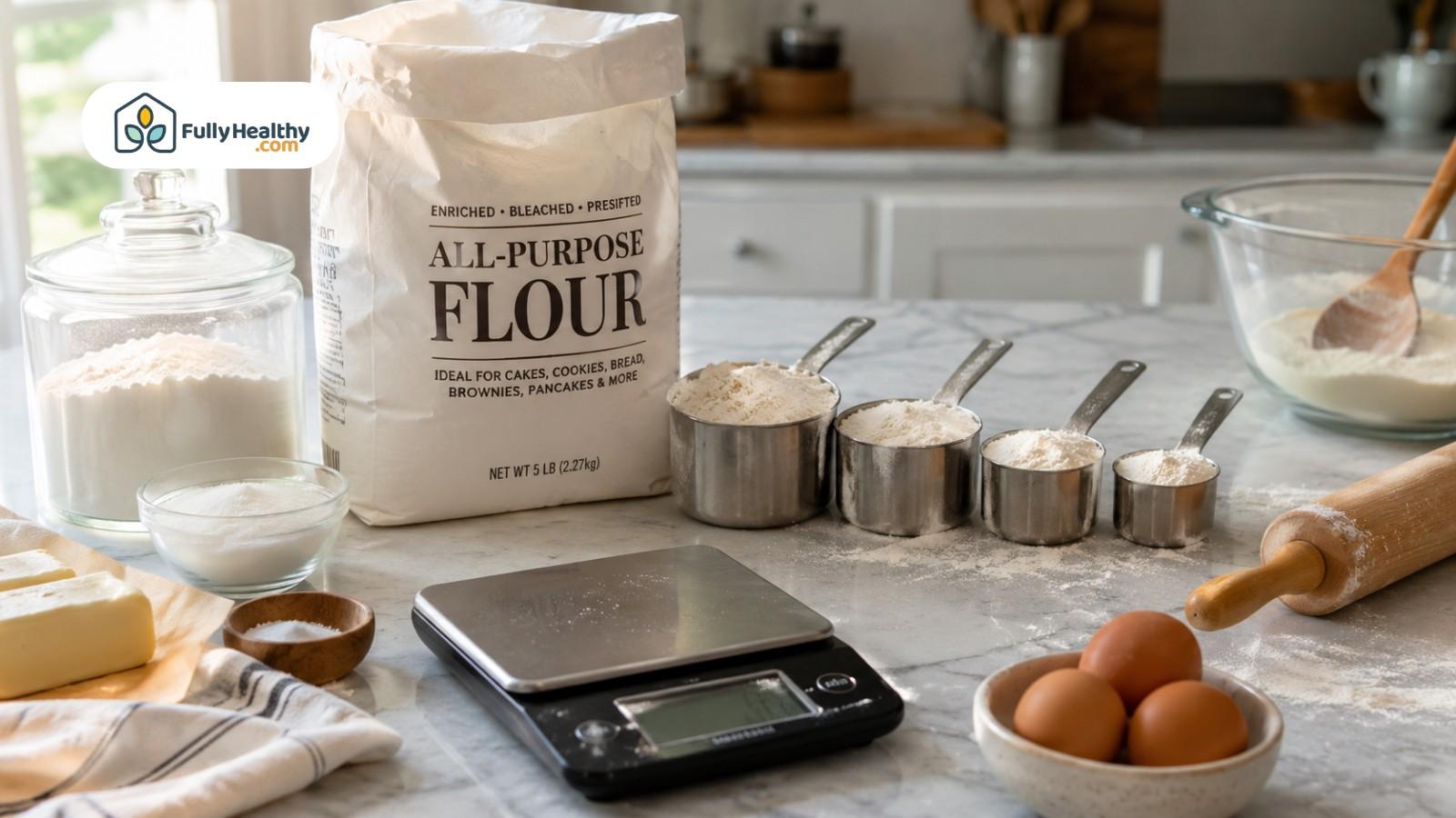 All-purpose flour bag with measuring cups, scale, eggs, and rolling pin