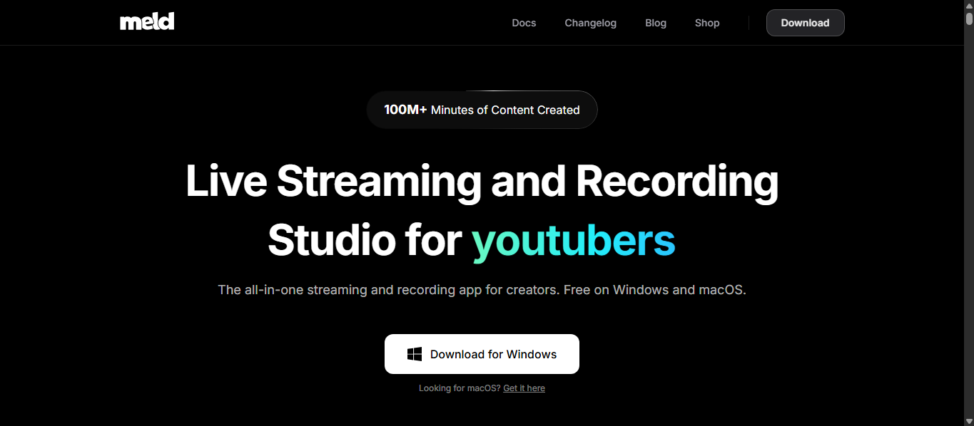 Meld Studio homepage showing “Live Streaming and Recording Studio for youtubers” with Windows download button.