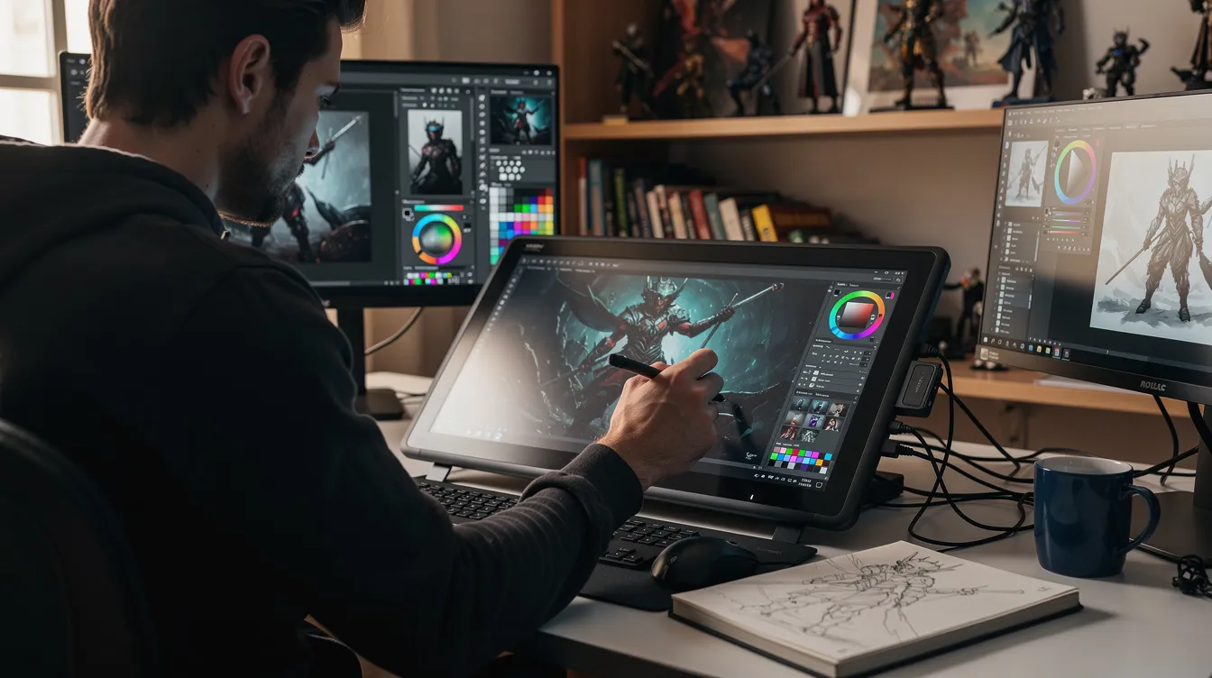A digital artist is focused on creating concept artwork on a graphics tablet, utilizing various generative AI tools to enhance their creative process. The scene captures the artist's intuitive interface and the vibrant colors of the artwork in progress, showcasing the potential of AI image generation in modern art.