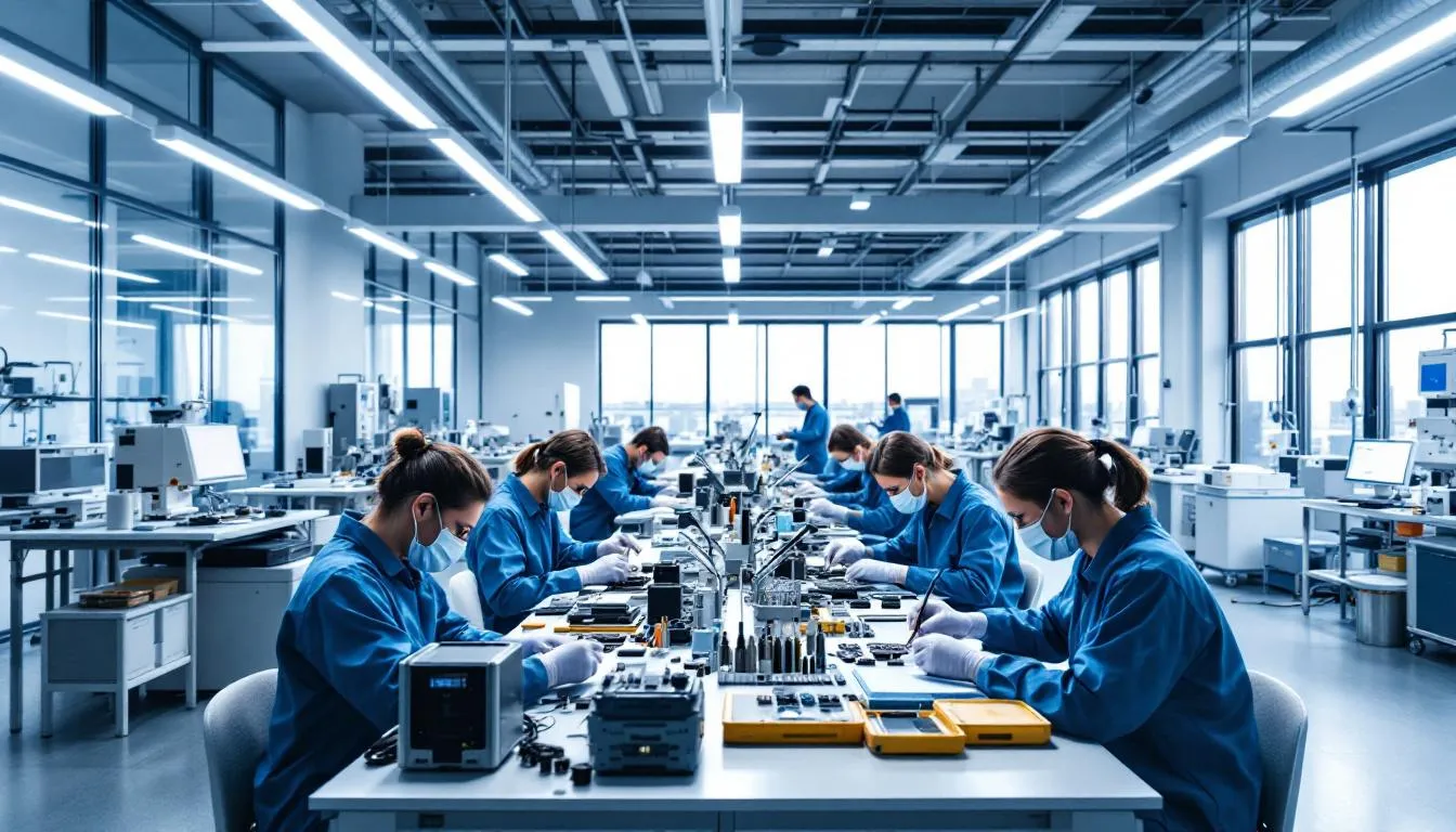 In a bustling manufacturing facility, workers are diligently assembling high-quality custom vape pens, showcasing a variety of designs and components. The atmosphere is focused on efficiency as employees collaborate to produce top-tier vaping devices for wholesale prices, catering to the growing demand in the market.