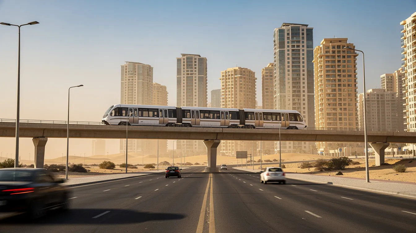 An elevated metro train from the Dubai Metro blue line crosses over a wide road, set against a backdrop of a desert cityscape featuring residential towers and the iconic skyline of Dubai, including the Burj Khalifa. The scene highlights the seamless integration of public transport within the vibrant urban environment of Dubai, showcasing its modern metro system.