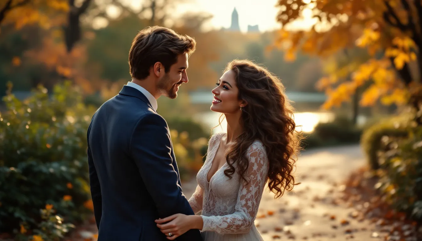 A romantic walk in Central Park, showcasing a couple enjoying the scenery.