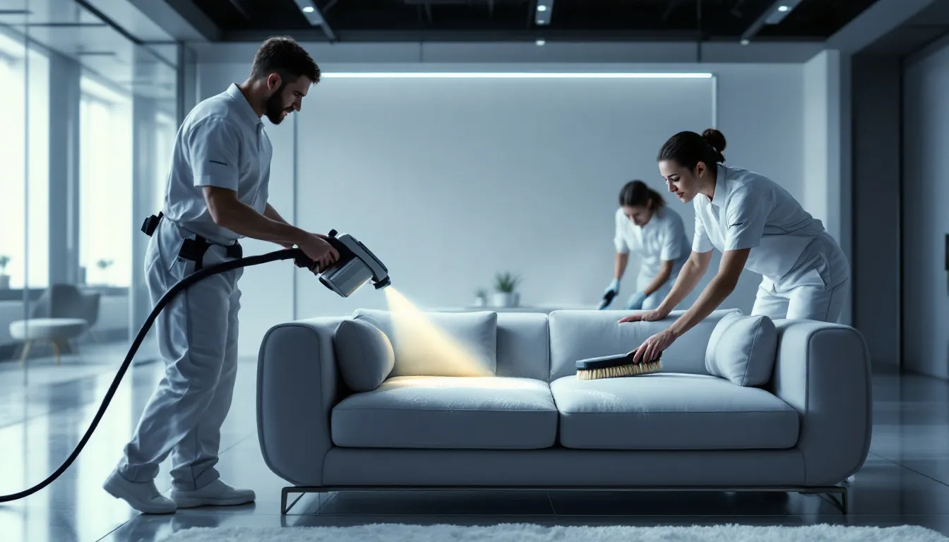 A professional sofa cleaning team at work, showcasing their expertise in sofa cleaning services.