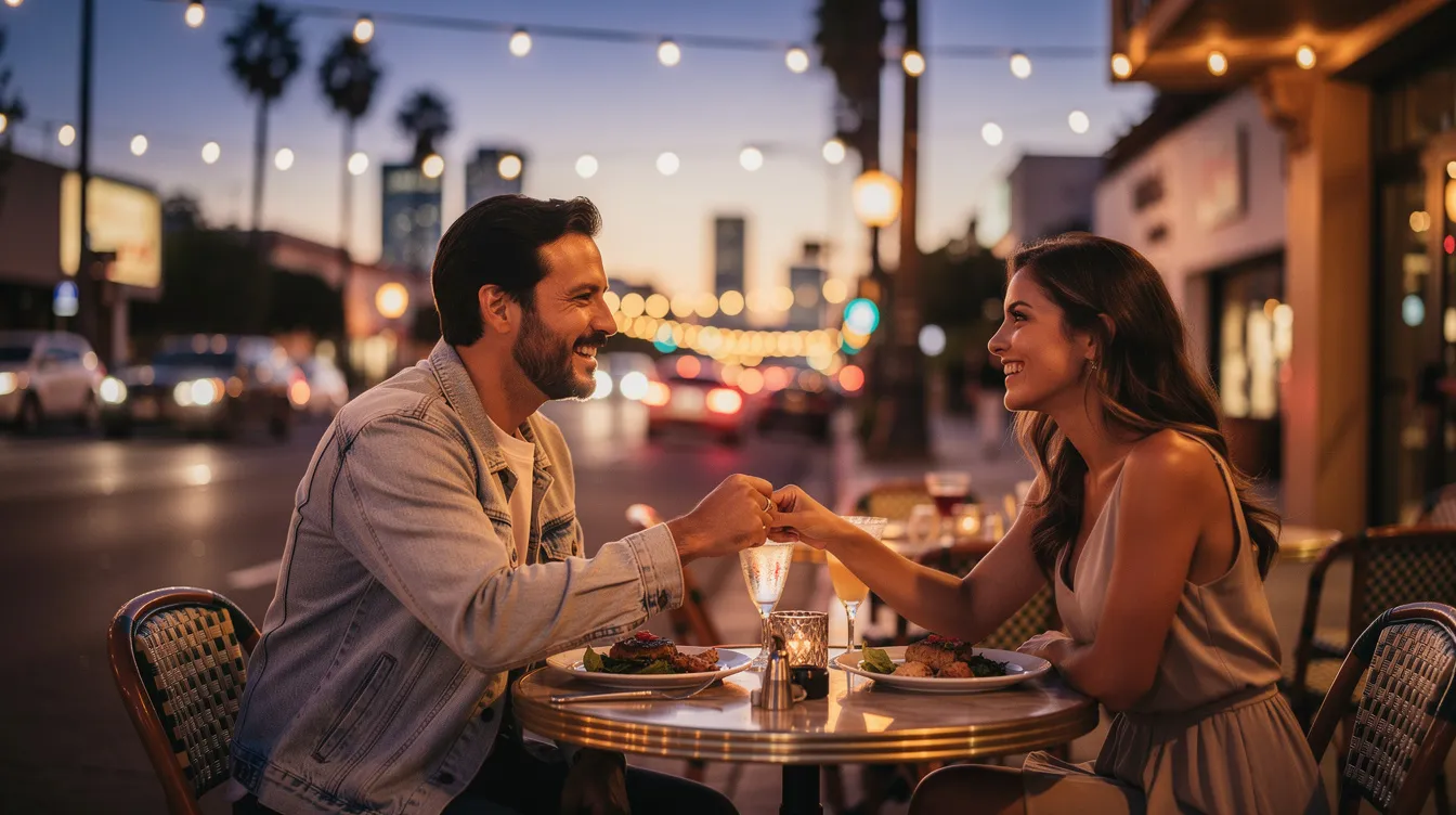 A couple enjoys a romantic evening on their first date in Los Angeles, surrounded by the vibrant atmosphere of Santa Monica. They share laughter and conversation, connecting as they explore the fun and exciting world of LA singles.