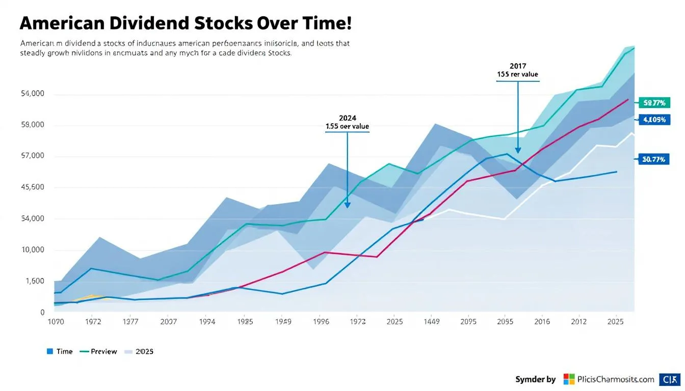 En graf som visar utvecklingen av amerikanska utdelningsaktier över tid.
