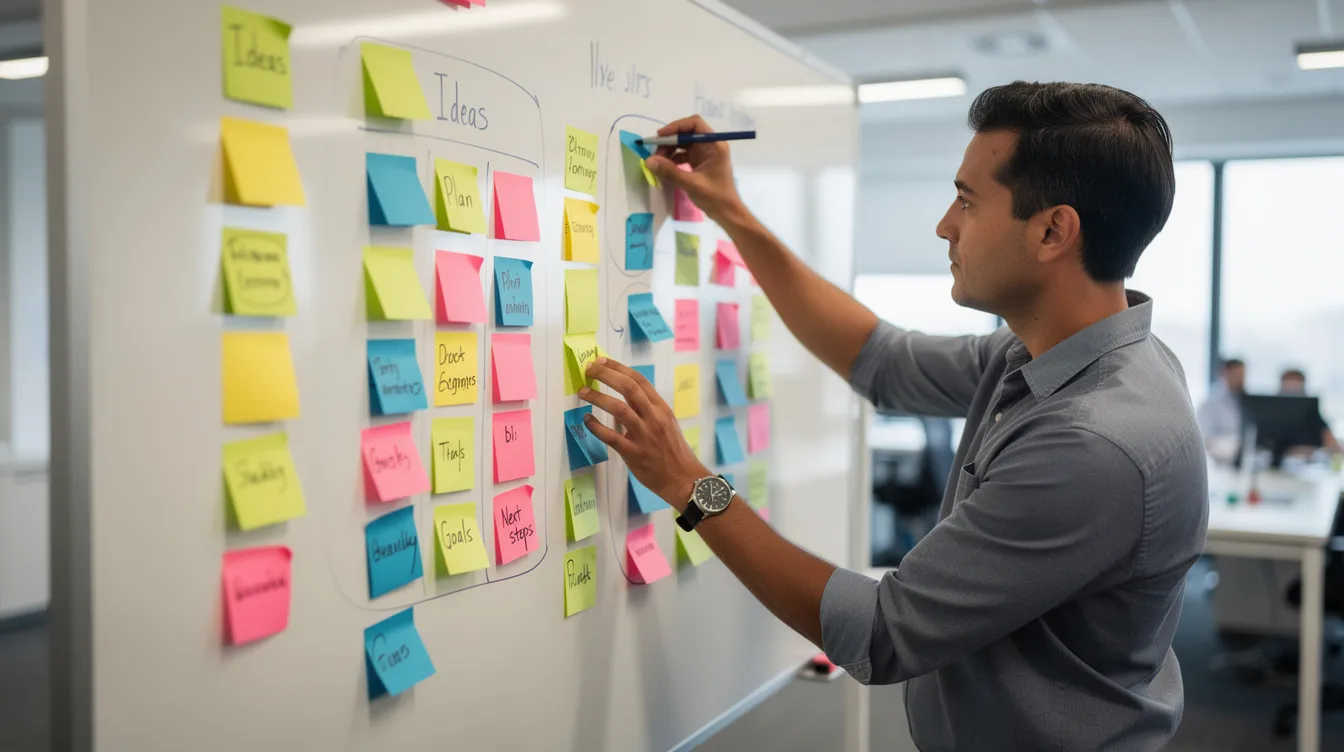 A person is organizing a variety of colorful sticky notes on a whiteboard in a modern office setting, reflecting a creative approach to digital marketing strategies. This scene embodies the collaborative spirit of brainstorming, which is essential in developing effective SEO strategies to navigate the zero click world of search engines.