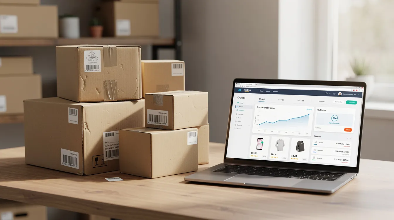 Das Bild zeigt einen Stapel von Versandkartons neben einem Laptop, auf dem das Dashboard eines Online-Shops angezeigt wird, was ein erfolgreiches Dropshipping-Geschäft darstellt. Dieser Aufbau verdeutlicht den operativen Aspekt des Dropshipping, bei dem Produkte mit minimalen Vorabinvestitionen online verkauft werden und zuverlässige Lieferanten die Kundenbestellungen ausführen.