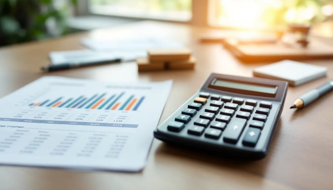 Na biurku znajduje się kalkulator oraz wykresy budżetu, które ilustrują działania promocyjne przedsiębiorstwa. W tle można dostrzec notatki dotyczące strategii promocji, co sugeruje planowanie działań mających na celu zwiększenie sprzedaży i pozyskiwanie nowych klientów.