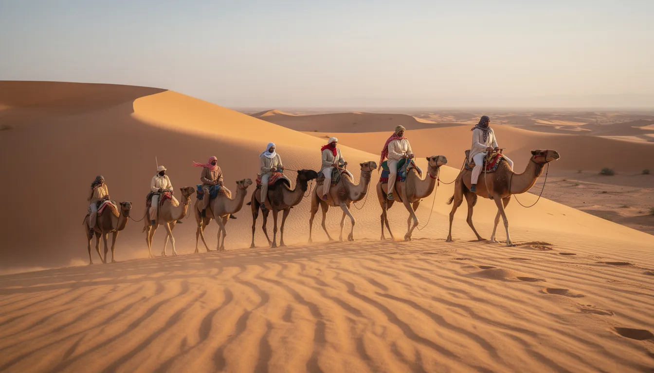 A group of travelers rides camels across the golden sand dunes of the Sahara Desert, with a breathtaking desert landscape in the background, showcasing the beauty of North Africa. This memorable experience is part of their Morocco tours, offering a glimpse into the local culture and stunning scenery.