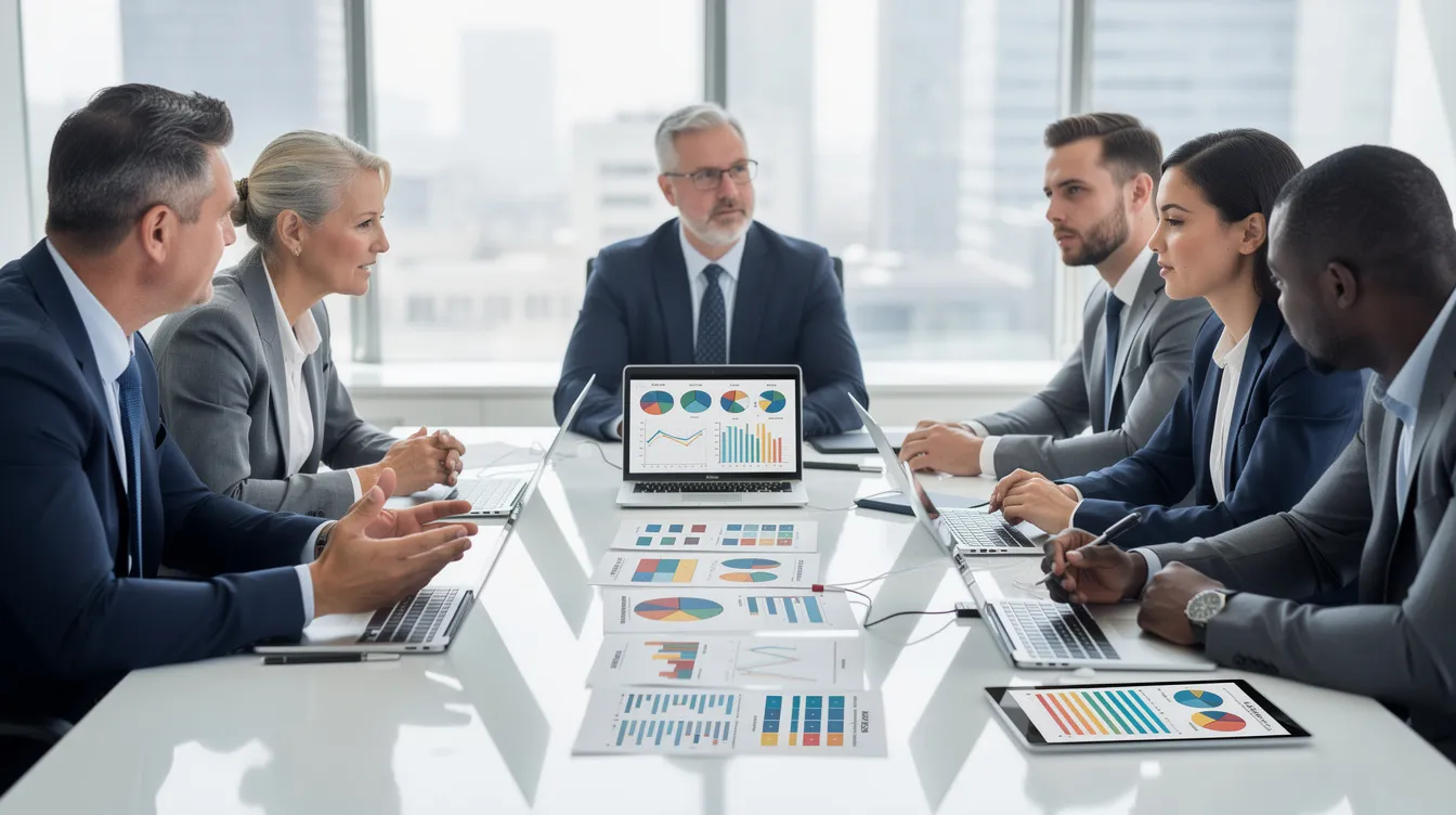 A diverse group of professionals, including leaders and motivational speakers, is gathered around a conference table, evaluating options and discussing strategies for employee engagement and change management. The atmosphere is collaborative, reflecting a commitment to fostering resilience and innovation within their organizations.