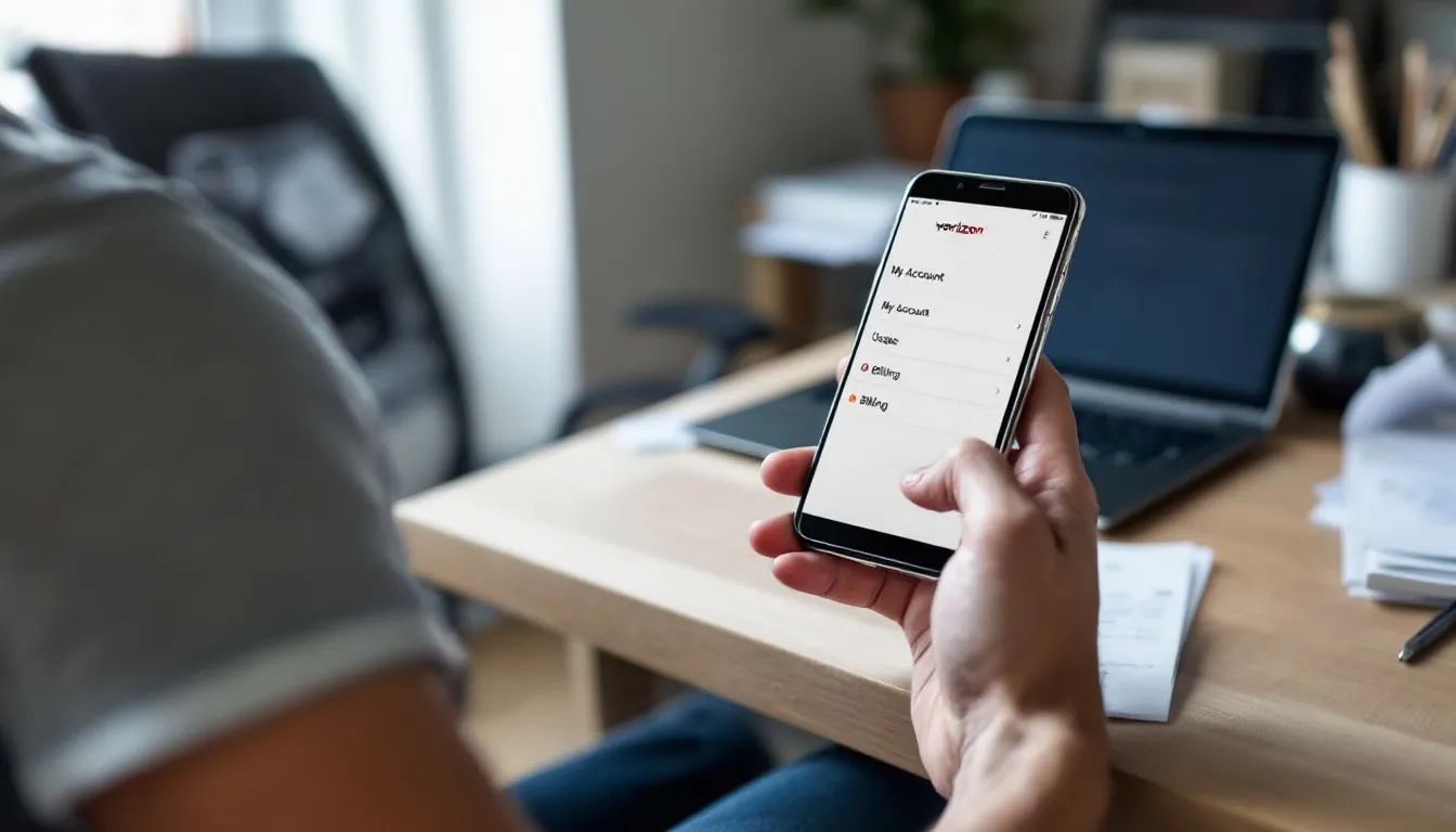 A person is holding a smartphone, using the Verizon app to access their account details, including their account number and billing information. They appear focused on managing their online account and checking for notifications related to payments and service updates.