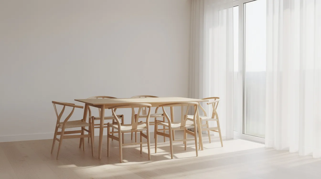 Ett rektangulärt matbord i ljus ek står i ett ljust rum med stora fönster, omgiven av fyra stolar. Rummet har en luftig känsla och erbjuder en perfekt plats för att fynda möbler från vårt sortiment.