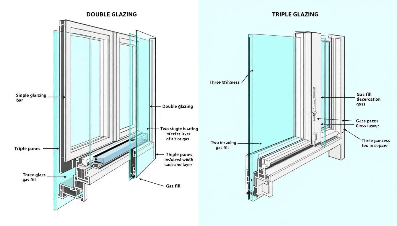 De afbeelding toont een vergelijking van de dwarsdoorsnede van dubbel glas en triple glas, waarbij de verschillende isolatielagen duidelijk zichtbaar zijn. Het triple glas, dat bestaat uit drie glaslagen met uitstekende isolatie, biedt een hogere isolatiewaarde en betere geluidswering dan het traditionele dubbel glas.