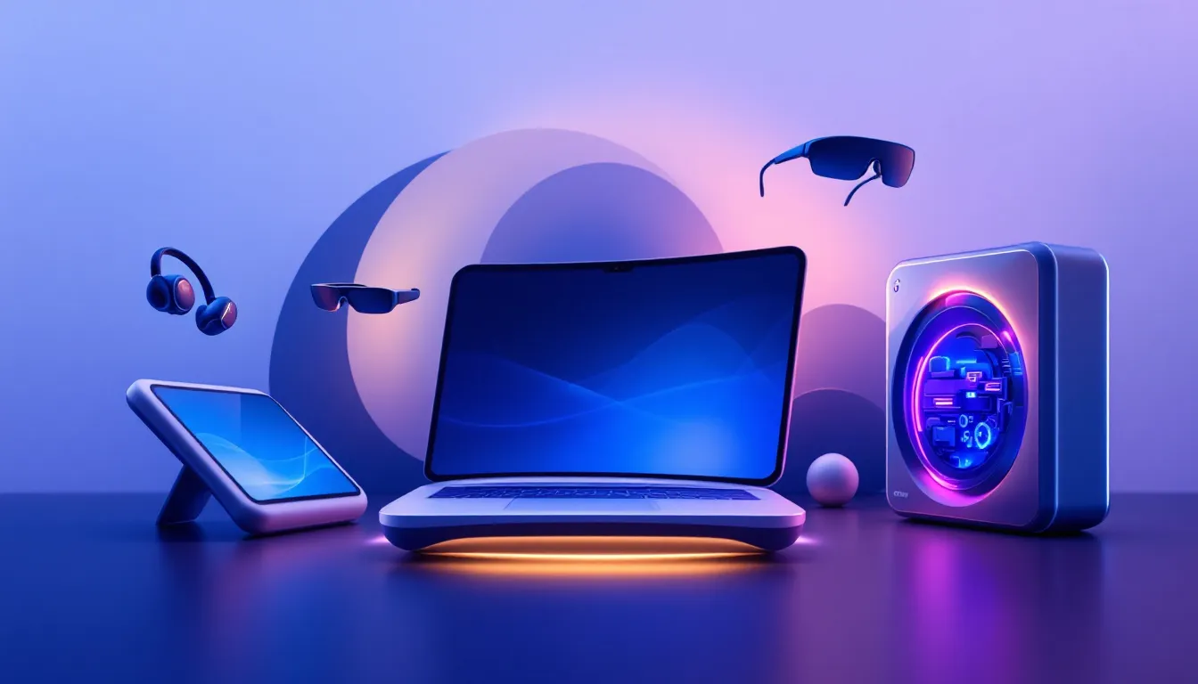 Technologische Innovationen in der Computermiete 2025, dargestellt durch verschiedene Geräte.