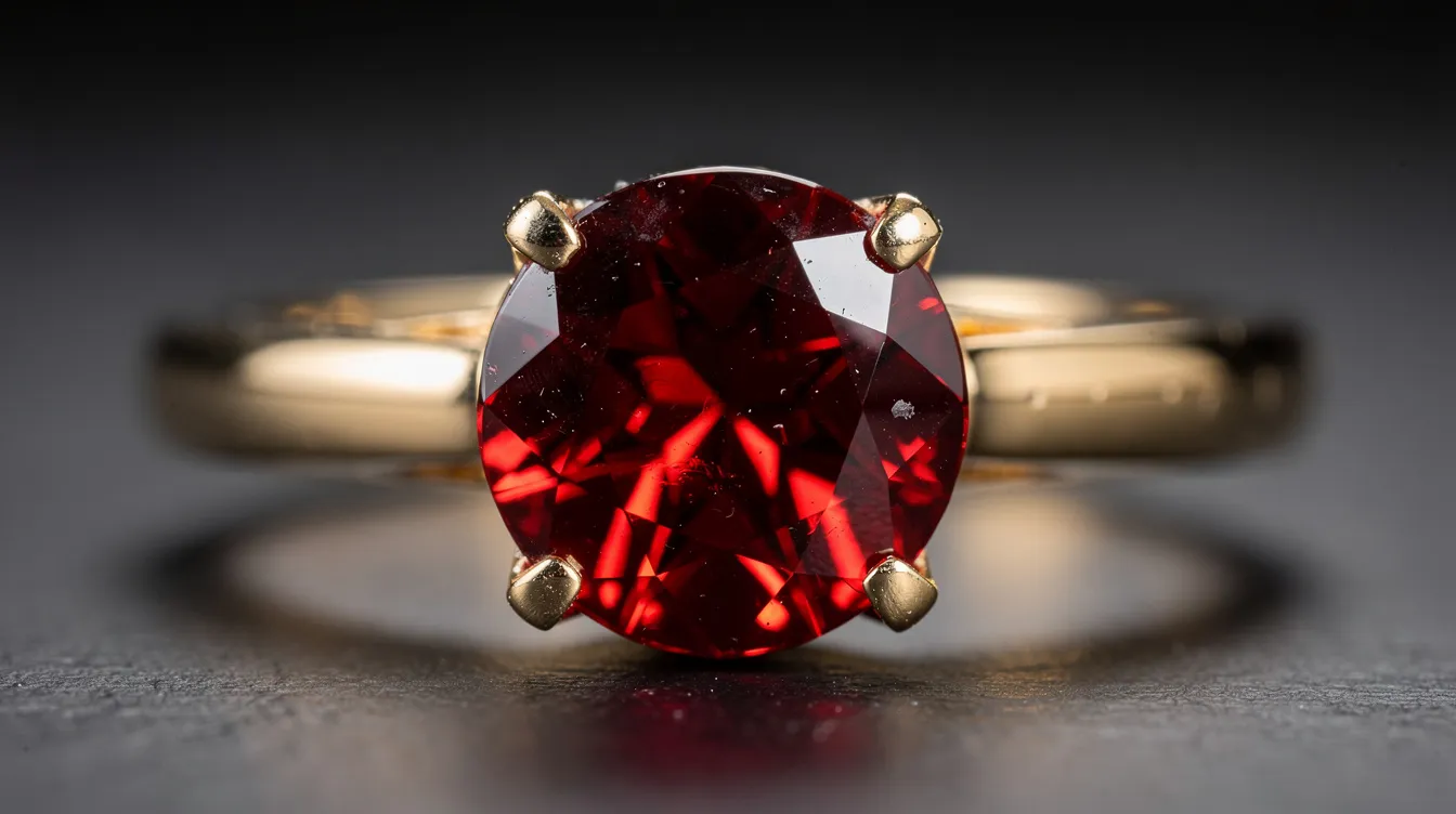 A close-up view of a vibrant red ruby gemstone, known as the July birthstone, elegantly set in a classic gold ring, showcasing its rich color and brilliant shine. This exquisite piece of birthstone jewellery captures the timeless beauty of precious gems.