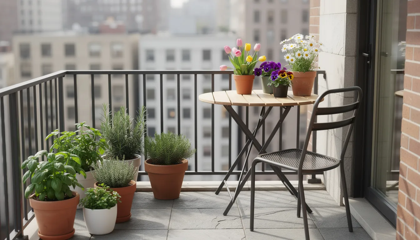 The image depicts a small urban balcony adorned with potted herbs and fresh flowers, featuring a cosy bistro table and chair, perfect for enjoying the fresh air during the spring season. This inviting outdoor space is ideal for creating a vibrant atmosphere in your home for spring.