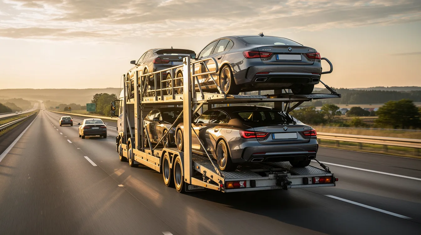 An open car carrier truck is transporting multiple vehicles on a highway, showcasing the auto transport process in action. This scene illustrates how a shipping company efficiently moves cars, highlighting the importance of vehicle pickup and delivery in the car shipping industry.