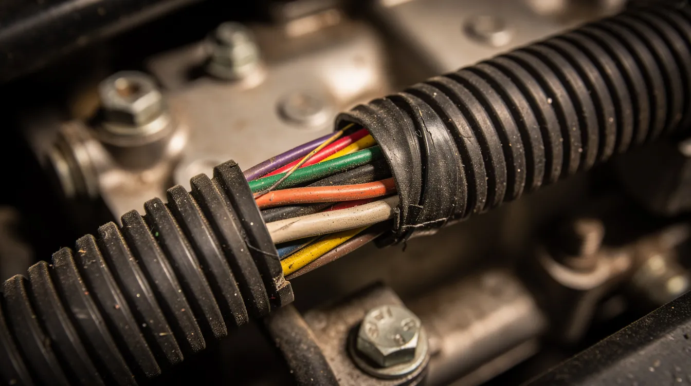 A close-up view of a bundled wiring harness featuring multiple electrical wires organized within a corrugated protective loom, situated inside the engine bay of heavy construction machinery. The image highlights the intricate assembly of electrical components designed for optimal performance and reliability.