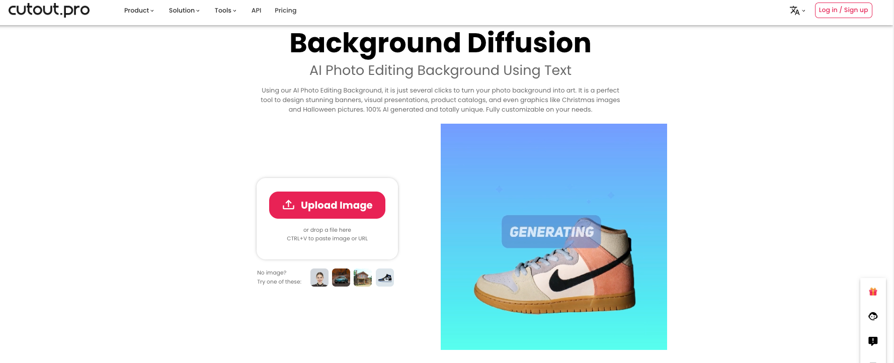Cutout.Pro interface showing Background Diffusion tool with a sneaker image being AI-generated on a colorful gradient background