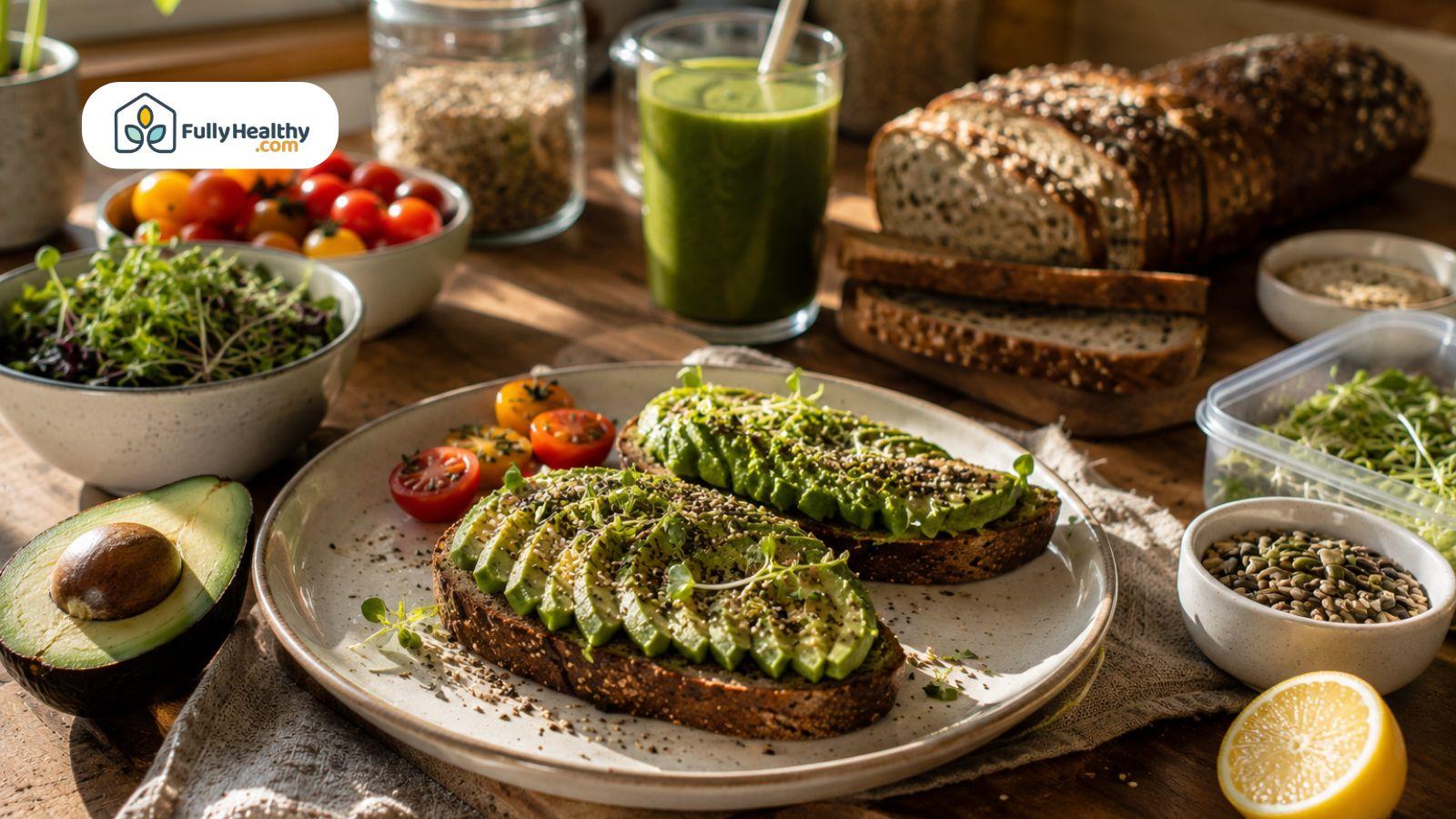 Avocado toast with healthy meal prep ingredients in a cozy brunch kitchen setting with sunlight.