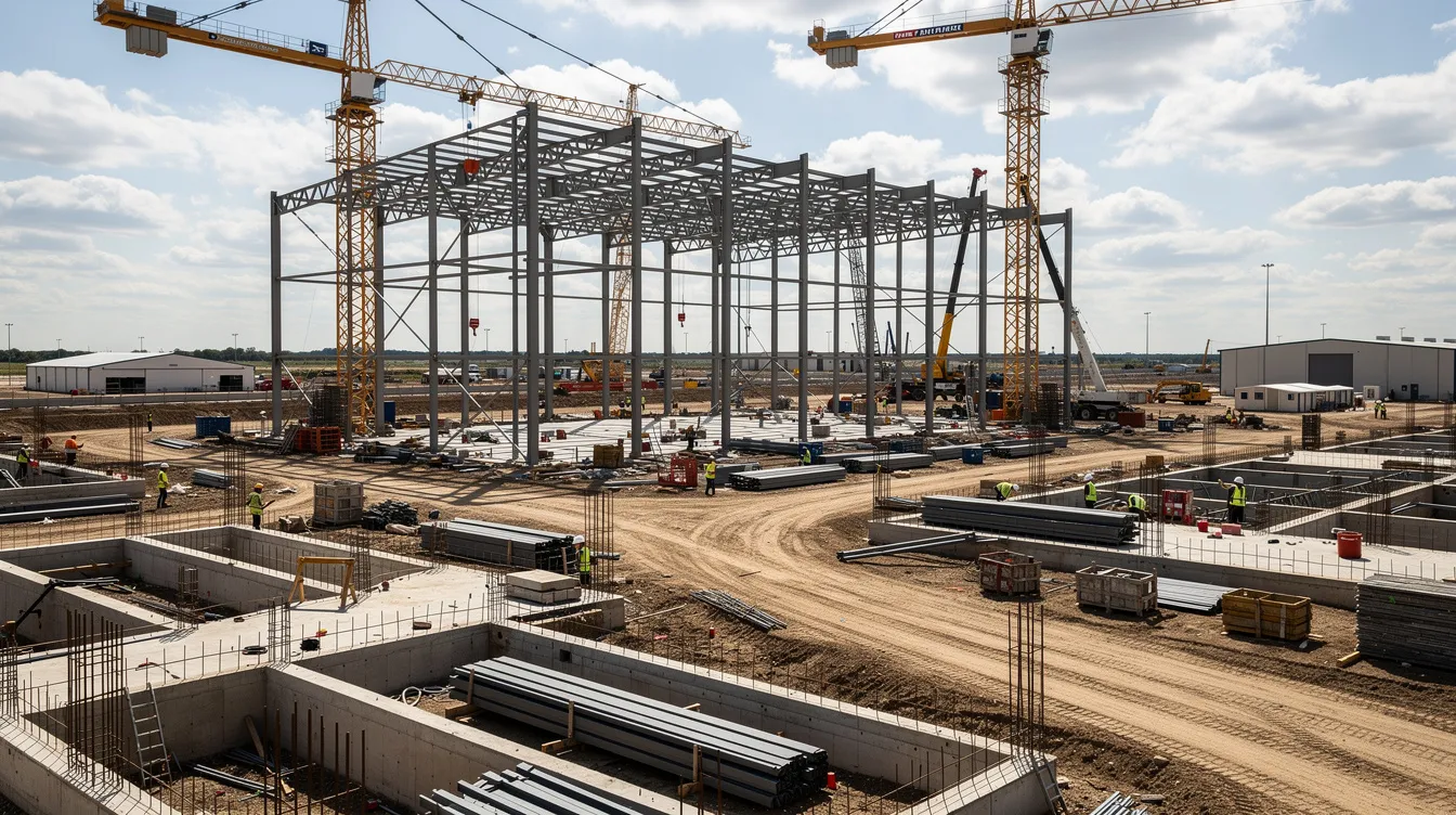 7f8a453a ee63 4d54 a150 4b740a045466 The image depicts a construction site of a large industrial facility, showcasing steel structural frames being erected alongside cranes and concrete foundations. This facility is likely designed for grain storage and may include systems for grain transportation and silo storage, emphasizing efficiency and reliability in handling raw materials.