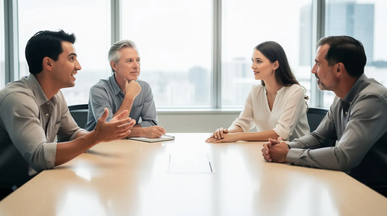 L'image montre quatre personnes en réunion autour d'une table, chacune exprimant un style de communication différent, allant de l'affirmation à des gestes plus calmes. Cette scène illustre la méthode DISC et comment elle peut aider à mieux comprendre les interactions et les personnalités au sein d'une équipe, favorisant ainsi une meilleure collaboration et une dynamique positive dans le travail.