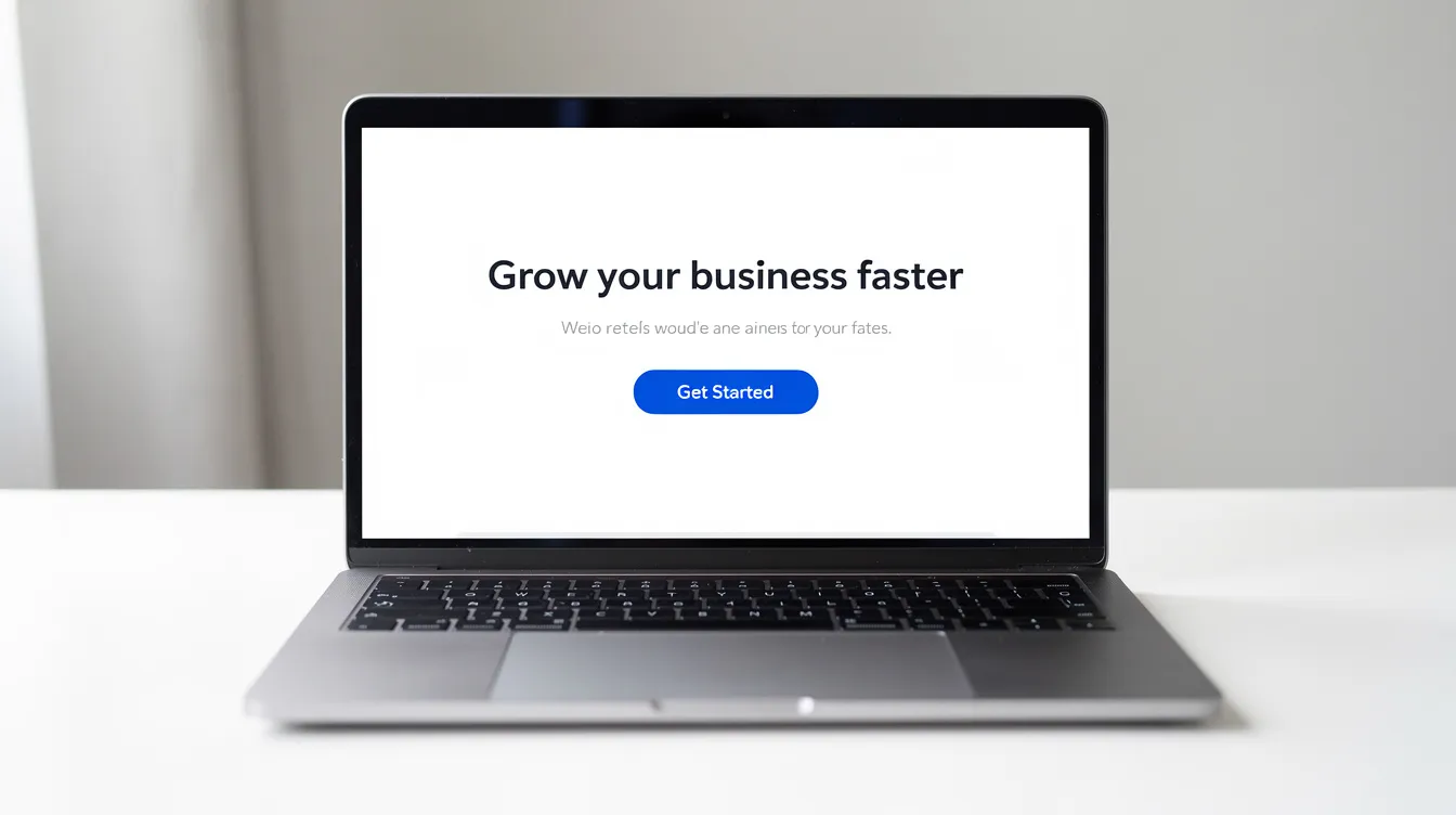 A clean laptop screen showcases a modern landing page design featuring a bold headline, a prominent call-to-action button, and ample white space, emphasizing a user-friendly experience for landing page visitors. This well-designed standalone web page is crafted to capture leads and guide potential customers towards a desired action, maximizing results for marketing campaigns.