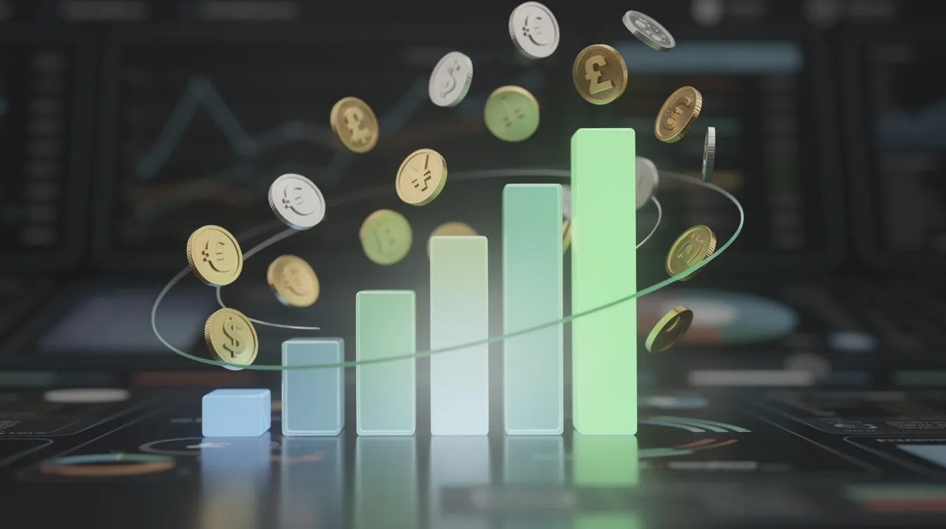 The image features a rising bar chart symbolizing investment growth, surrounded by various coins and currency symbols, illustrating financial progress. This concept aligns with the benefits of the Bank Alfalah Roshan Digital Account, encouraging users to explore investment opportunities through the app.