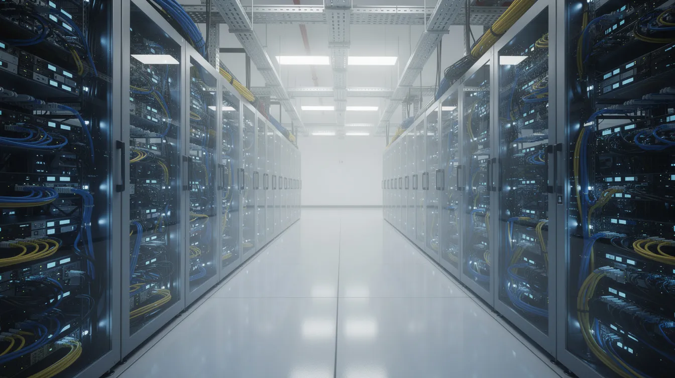 The image shows rows of illuminated server racks inside a modern data center facility, representing the backbone of advanced AI technologies and infrastructure that support federal efforts in economic competitiveness and national security. This high-tech environment is crucial for integrating AI models and tools that drive innovation and support various federal agencies' missions.