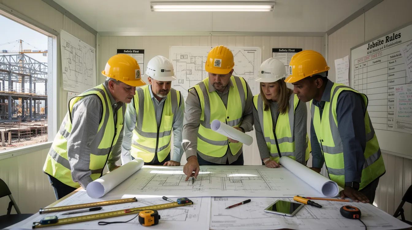 A construction foreman and crew, wearing hard hats and safety vests, are gathered around a table inside a jobsite trailer, reviewing plans for ongoing construction projects. This collaborative effort highlights the importance of effective communication and coordination in enhancing labor productivity within the construction industry.