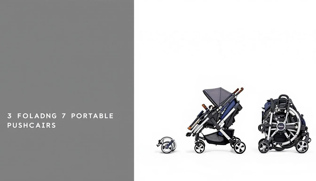 The image showcases a comparison of three different portable pushchairs, each displayed in their folded compact sizes for easy viewing. The strollers feature a sleek design, highlighting their compact fold and portability, making them ideal for parents navigating city streets or using public transport.