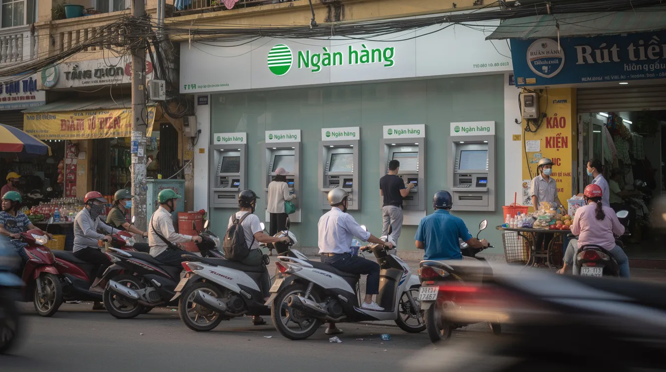 A row of ATM machines is situated on a bustling street in Ho Chi Minh City, frequented by locals and tourists alike, showcasing the accessibility of banking services in Vietnam's banking sector. These machines, part of major banks, offer a range of services including cash withdrawals and international transfers, catering to both Vietnamese bank account holders and foreigners.