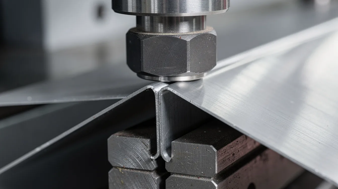 A close-up image shows a CNC press brake punch applying pressure to a thin sheet of aluminum as it bends into a V-die, with a noticeable gap between the sheet metal and the bottom die. This bending process highlights the precision required to achieve the desired shape while maintaining tight tolerances.