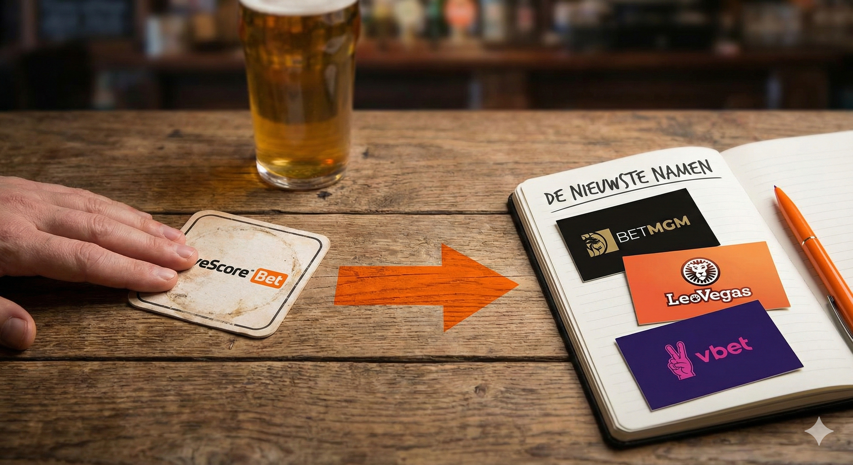 Illustratie van de overgang van LiveScore Bet naar nieuwe bookmakers zoals BetMGM, LeoVegas en Vbet, weergegeven met een pijl op een houten tafel.
