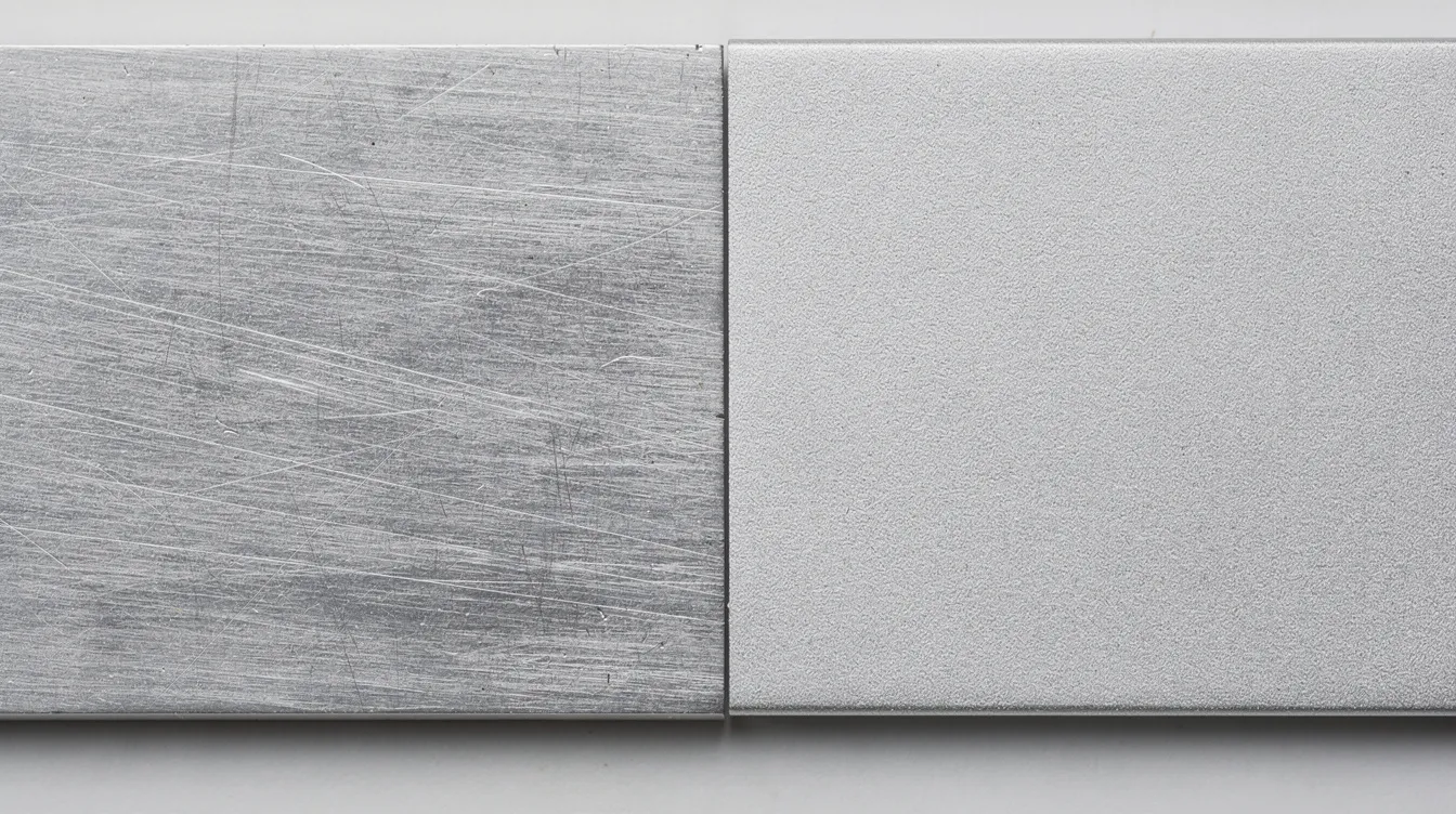 The image features a macro side-by-side comparison of two distinct metal surfaces: on the left, a brushed Stainless Steel 304 finish with visible grain patterns, and on the right, a smooth anodized Aluminum 5052-H32 surface. The detailed textures highlight the microscopic characteristics of both metals, showcasing their unique properties relevant to precision machining and CNC technology.