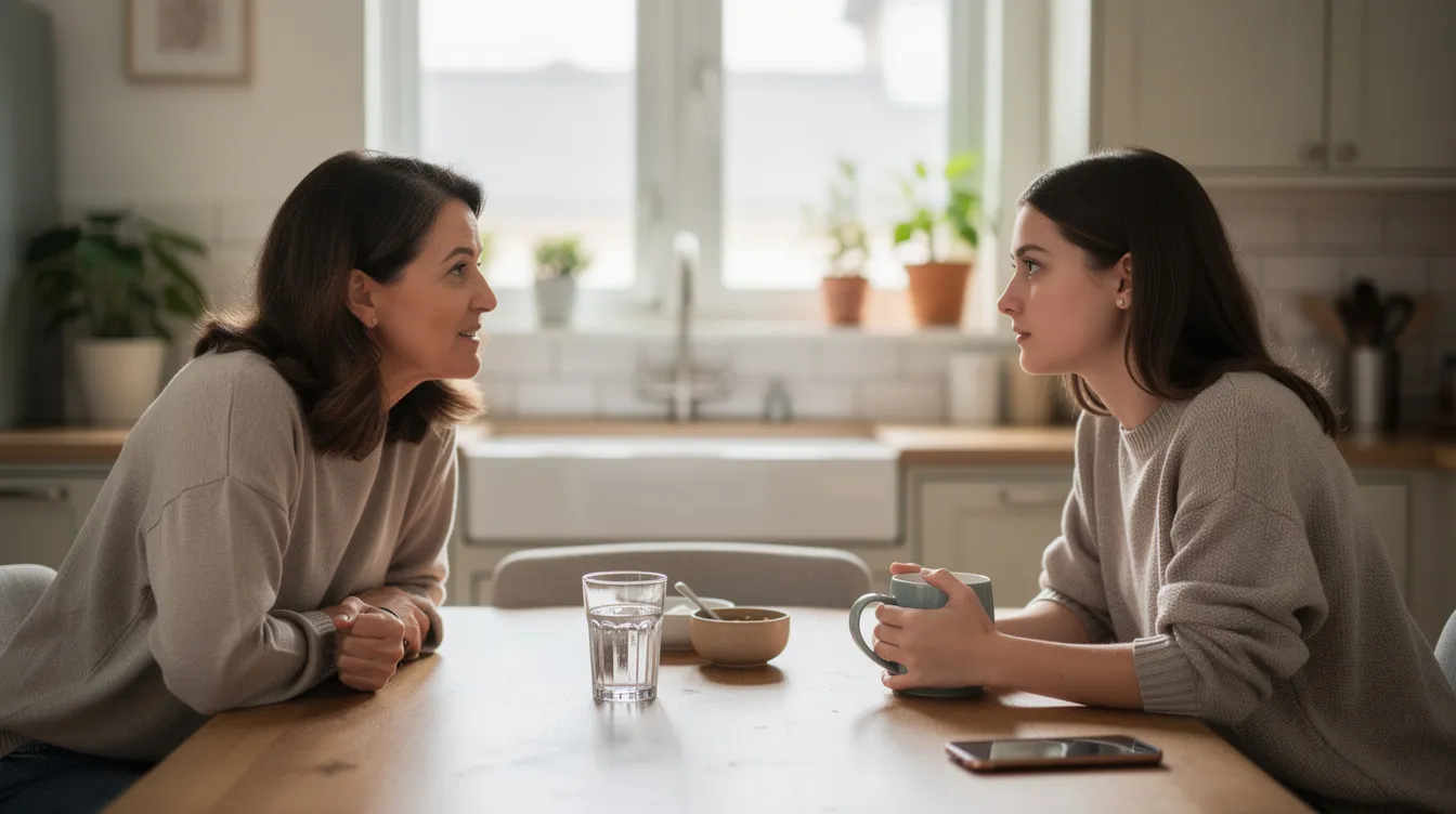 The image shows a parent and a teenager engaged in a conversation at a kitchen table, discussing important topics like sleep habits and the effects of chronic sleep deprivation on adolescents. The setting reflects a warm and supportive environment, emphasizing the importance of good sleep for high school students to improve their well-being and academic performance.