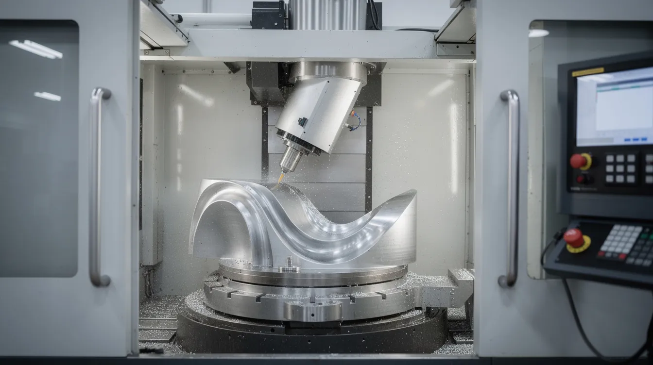 The image depicts a five-axis CNC machining center, with its spindle tilted at an angle, actively machining a complex curved metal part. This advanced CNC technology showcases the precision CNC machining process involved in creating intricate geometries for manufacturing.
