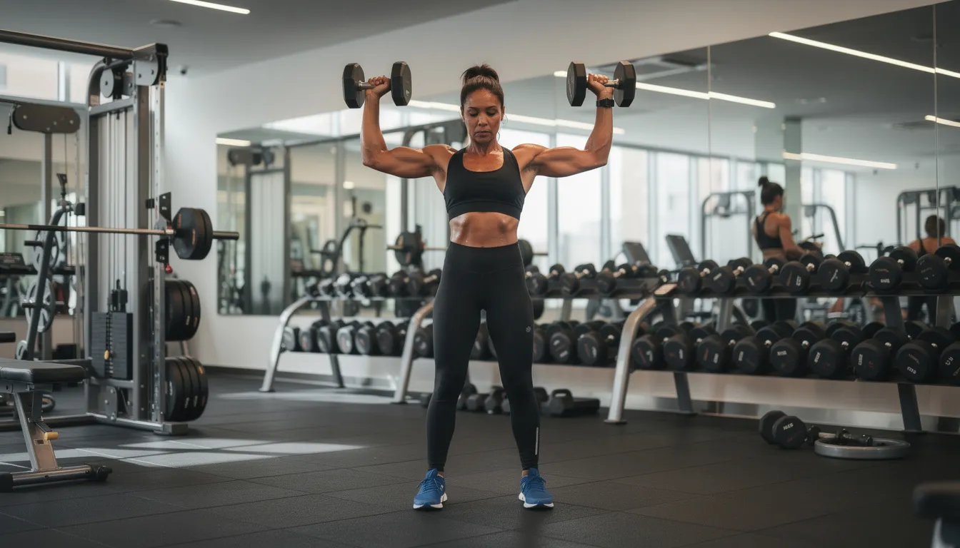A person is engaged in strength training with weights in a gym, focusing on building muscle and enhancing their skeletal muscle proteome. This exercise routine can support collagen production and promote overall human health, including skin health benefits through improved muscle mass and tissue repair.